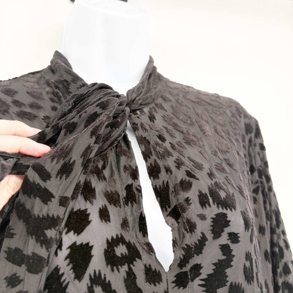 Analili Womens Black Leopard Burnout Velvet Tie Neck Goth Tunic Mini Dress XS - Picture 2 of 7